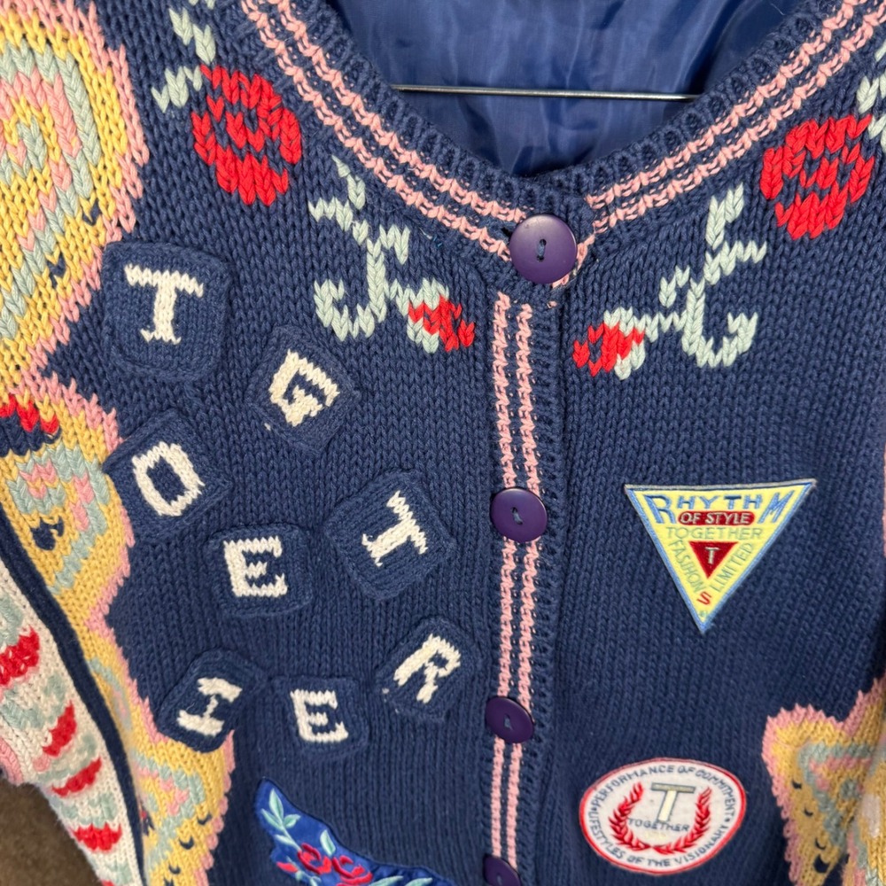 Vintage Together Hand Knit 80s Cardigan Women's Size XL Missy Embroidered Patch - Picture 5 of 14